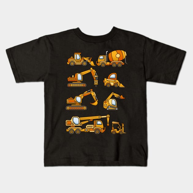 Excavator Dump Truck Dozer Concrete Mixer Construction Vehicles Kids T-Shirt by hardy 